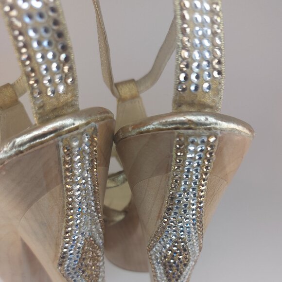 bebe Gold Strappy Rhinestone Platform Heels Size US 6 - Picture 4 of 16